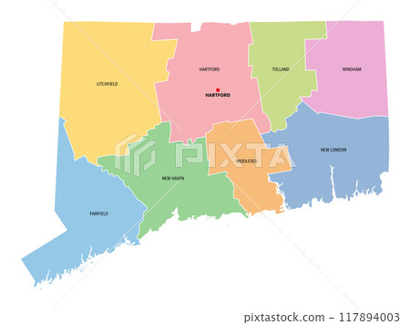 Connecticut, U.S. state, subdivided into 8 counties, multi colored political map with capital Hartford, borders and county names. State in the New England region of the USA. The Constitution State. Connecticut, U.S. state, subdivided into 8 counties, multi colored political map with capital Hartford, borders and county names. State in the New England region of the USA. The Constitution State. 117894003