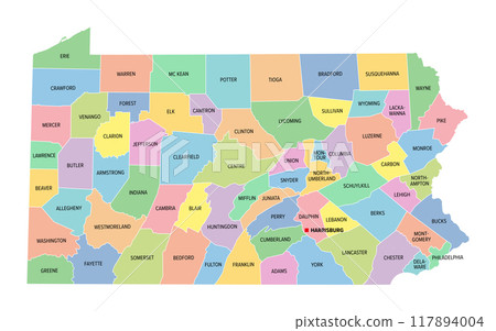 Pennsylvania, U.S. state, subdivided into 67 counties, multi colored political map with capital Harrisburg, and borders. State of the Mid-Atlantic and Northeastern USA, with nickname Keystone State. 117894004