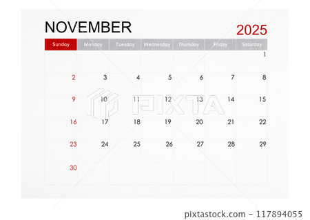 November 2025 monthly calendar page isolated on white background. 117894055