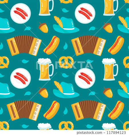 Festive Oktoberfest Seamless Pattern Design with Flat Cartoon Illustration Festive Oktoberfest Seamless Pattern Design with Flat Cartoon Illustration 117894123