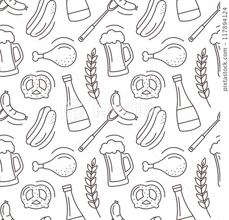 Festive Oktoberfest Seamless Pattern Design with Flat Cartoon Illustration Festive Oktoberfest Seamless Pattern Design with Flat Cartoon Illustration 117894124
