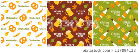 Festive Oktoberfest Seamless Pattern Design with Flat Cartoon Illustration 117894128