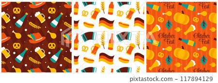 Festive Oktoberfest Seamless Pattern Design with Flat Cartoon Illustration 117894129