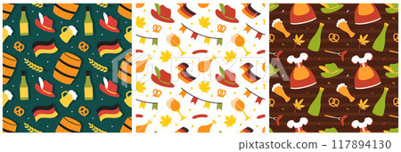 Festive Oktoberfest Seamless Pattern Design with Flat Cartoon Illustration 117894130