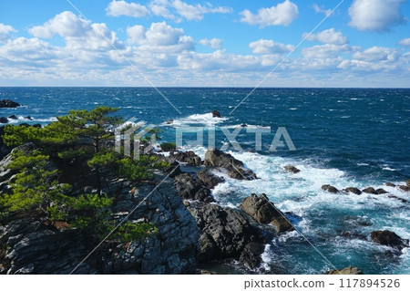 從高知縣室戶半島行道不動看到白浪拍打礁石的太平洋風景Ver4 117894526