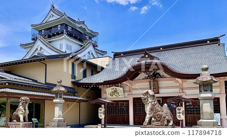The Okazaki Castle tower and the main hall of Ryujo Shrine shine against the blue summer sky (Okazaki Castle Park/Okazaki City, Aichi Prefecture) 117894718