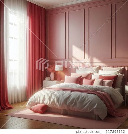 White and pink bed, red curtains filtering sunlight, warm glow, decorative pillows, visible side table, cozy atmosphere, natural light, interior design, color coordination, inviting bedroom setting., 117895132