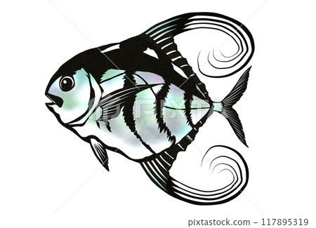 Paper cut-out illustration of a long-finned trevally Paper cut-out illustration of a long-finned trevally 117895319