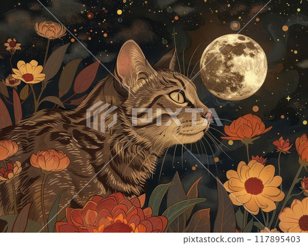 A Tabby Cat Gazes at the Full Moon Amidst a Garden of Flowers 117895403