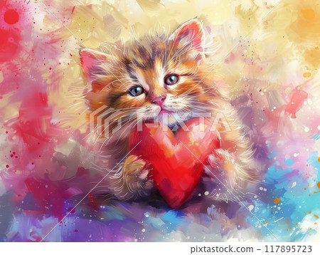 Adorable Kitten Holding a Red Heart Against a Colorful Watercolor Background 117895723