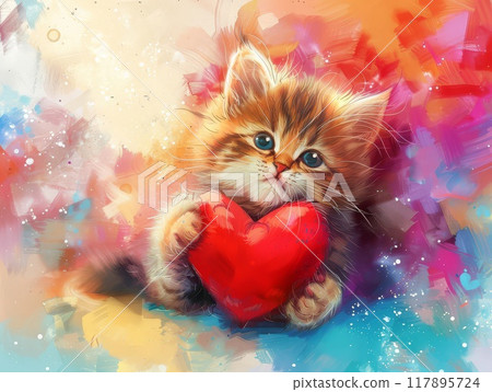 A Cute Kitten Holding a Red Heart Against a Colorful Background 117895724