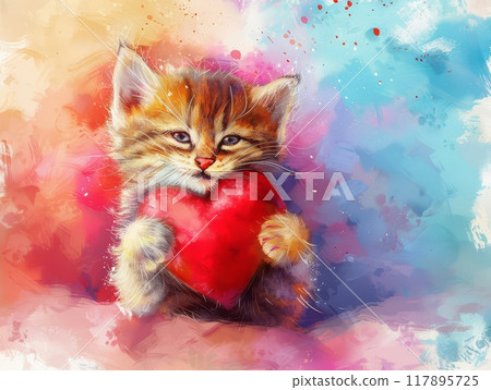 Kitten Holding a Red Heart Against Watercolor Background 117895725