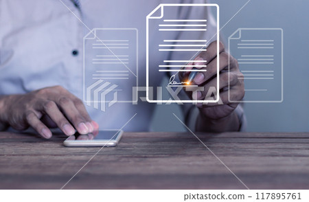 Business Contract Signing, Young man uses a smartphone to sign a business contract online 117895761