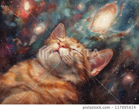 Orange Cat Gazing Up at a Cosmic Galaxy 117895814