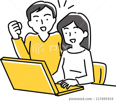 Men and women smiling while looking at a computer 117895919