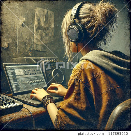 一位女士戴著耳機、一邊看電腦一邊聽音樂的後視圖(垃圾風格) 一位女士戴著耳機、一邊看電腦一邊聽音樂的後視圖(垃圾風格) 117895920
