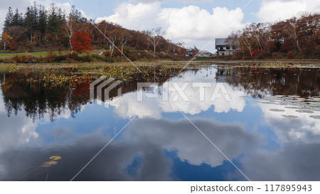 Clouds and autumn leaves reflected in Kido Pond [Shiga Kogen] Nagano Prefecture, October 117895943