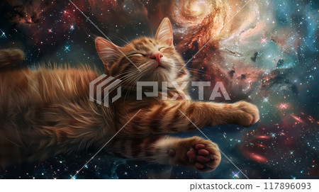 A Ginger Cat Floating Amidst a Starry Nebula 117896093