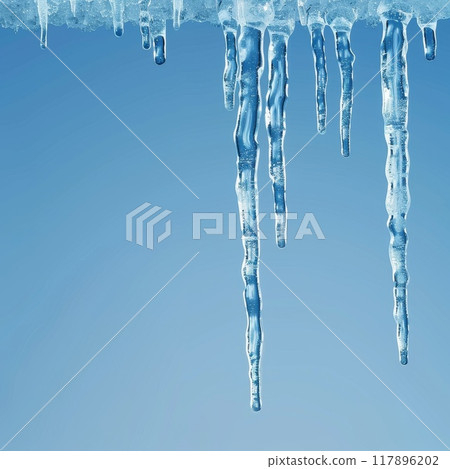 Icicles hanging off the roof in wintertime cold frozen scene 117896202