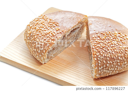 Sweet bread filled with chestnut paste [white background, cutout] 117896227