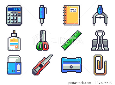 Pixel Art Office and School Tools Set. Retro 8bit Collection of Essential Stationery Icons. 117896620