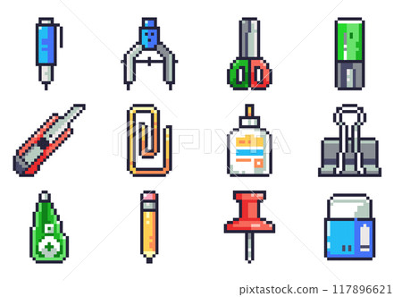 Pixel Art Stationery Icons Set. Retro 8bit office and school Supplies - mechanical pencil, geometry compass, scissors, highlighter marker, office utility knife, paperclip, glue bottle, binder clip,  117896621
