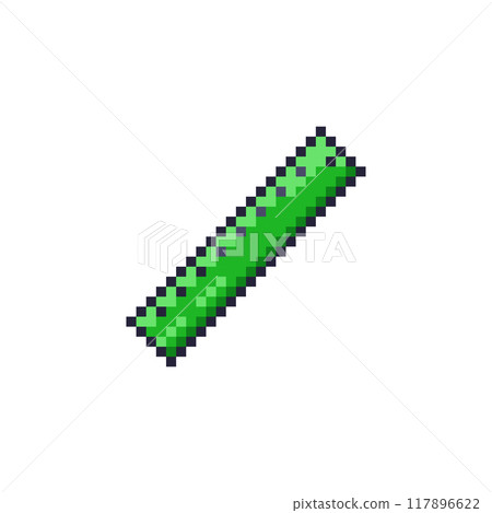 Pixel Art Green Ruler Icon. Retro 8bit School and Office Measuring Tool. 117896622