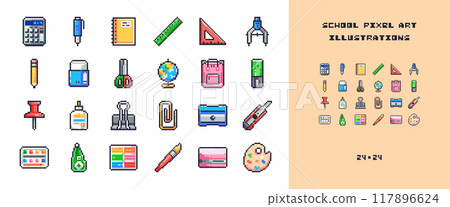Pixel Art Collection of Classroom and Office Supplies Icons -  Calculator, Pen, Notebook, Rulers, Geometry Compass, Pencil, Sharpener, Rubber Eraser, Scissors, Glue, Paperclip, Backpack, Etc. 117896624