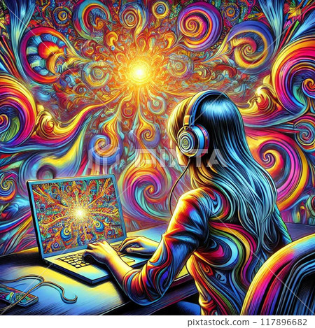 Back view of a woman wearing headphones and listening to music while looking at a PC. Psychedelic style Back view of a woman wearing headphones and listening to music while looking at a PC. Psychedelic style 117896682