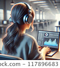 3D animation style back view of a woman wearing headphones and listening to music while looking at a PC 117896683