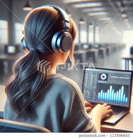 3D animation style back view of a woman wearing headphones and listening to music while looking at a PC 117896683