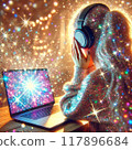 Back view of a woman wearing headphones and listening to music while looking at a PC Glitter style 117896684