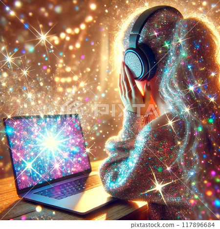 Back view of a woman wearing headphones and listening to music while looking at a PC Glitter style 117896684