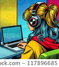 Back view of a woman wearing headphones and listening to music while looking at a PC. Pop art style 117896685