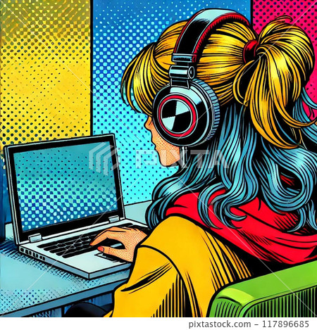 Back view of a woman wearing headphones and listening to music while looking at a PC. Pop art style 117896685
