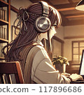 Back view of a woman wearing headphones and listening to music while looking at a PC. Visual novel style 117896686