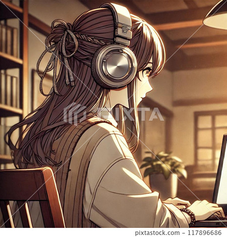 Back view of a woman wearing headphones and listening to music while looking at a PC. Visual novel style 117896686