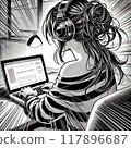 Back view of a woman wearing headphones and listening to music while looking at a PC, manga style 117896687