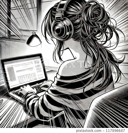 Back view of a woman wearing headphones and listening to music while looking at a PC, manga style 117896687