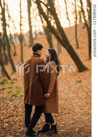 Young couple in love walking in the park on a autumn day. Enjoying time together. Young couple in love walking in the park on a autumn day. Enjoying time together. 117896916