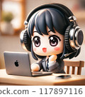 A deformed woman wearing headphones and listening to music while looking at a PC 117897116