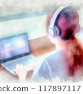 Back view of a woman wearing headphones and listening to music while looking at a PC. Watercolor style 117897117