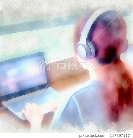 Back view of a woman wearing headphones and listening to music while looking at a PC. Watercolor style 117897117