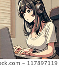 Cel-style drawing of a woman's back, wearing headphones and listening to music while looking at a PC 117897119