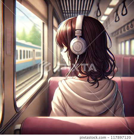 Back view of a woman listening to music with headphones on a train 117897120