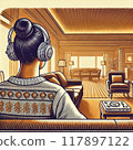 Back view of a woman listening to music with headphones in the living room 117897122