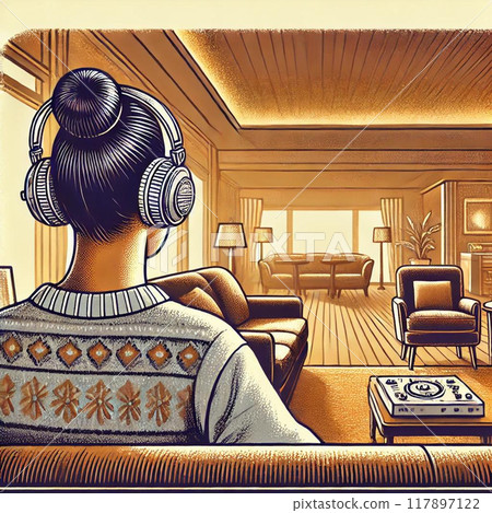 Back view of a woman listening to music with headphones in the living room 117897122