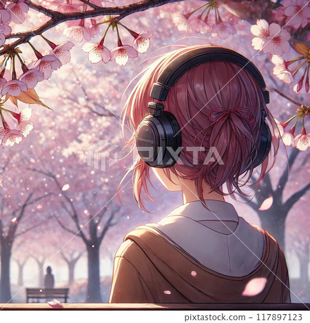 Back view of a woman wearing headphones and listening to music while watching the cherry blossoms 117897123