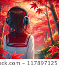 Rear view of a high school girl listening to music with headphones 117897125
