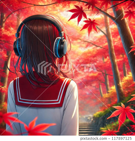 Rear view of a high school girl listening to music with headphones 117897125